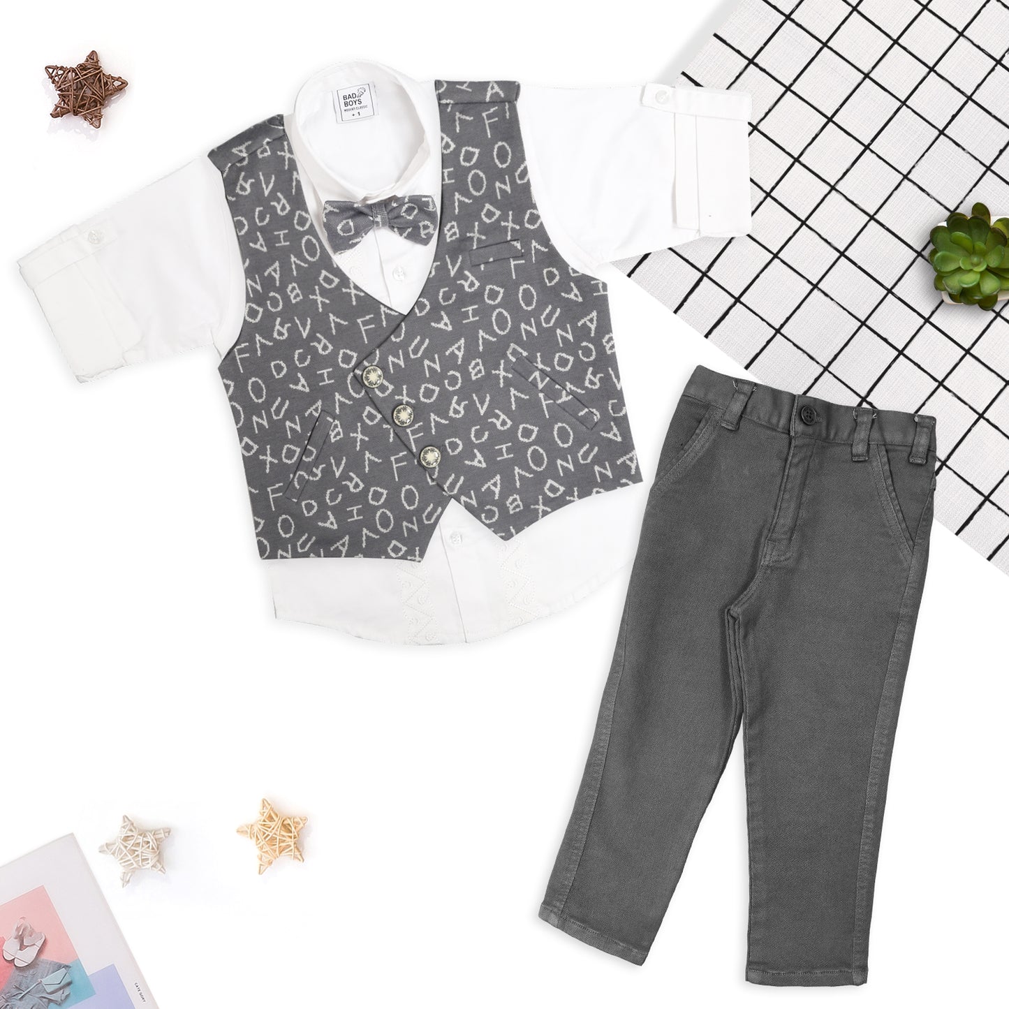 Smart Shirt, Printed Waistcoat, Pants & Bow: Boys’ Party Perfection