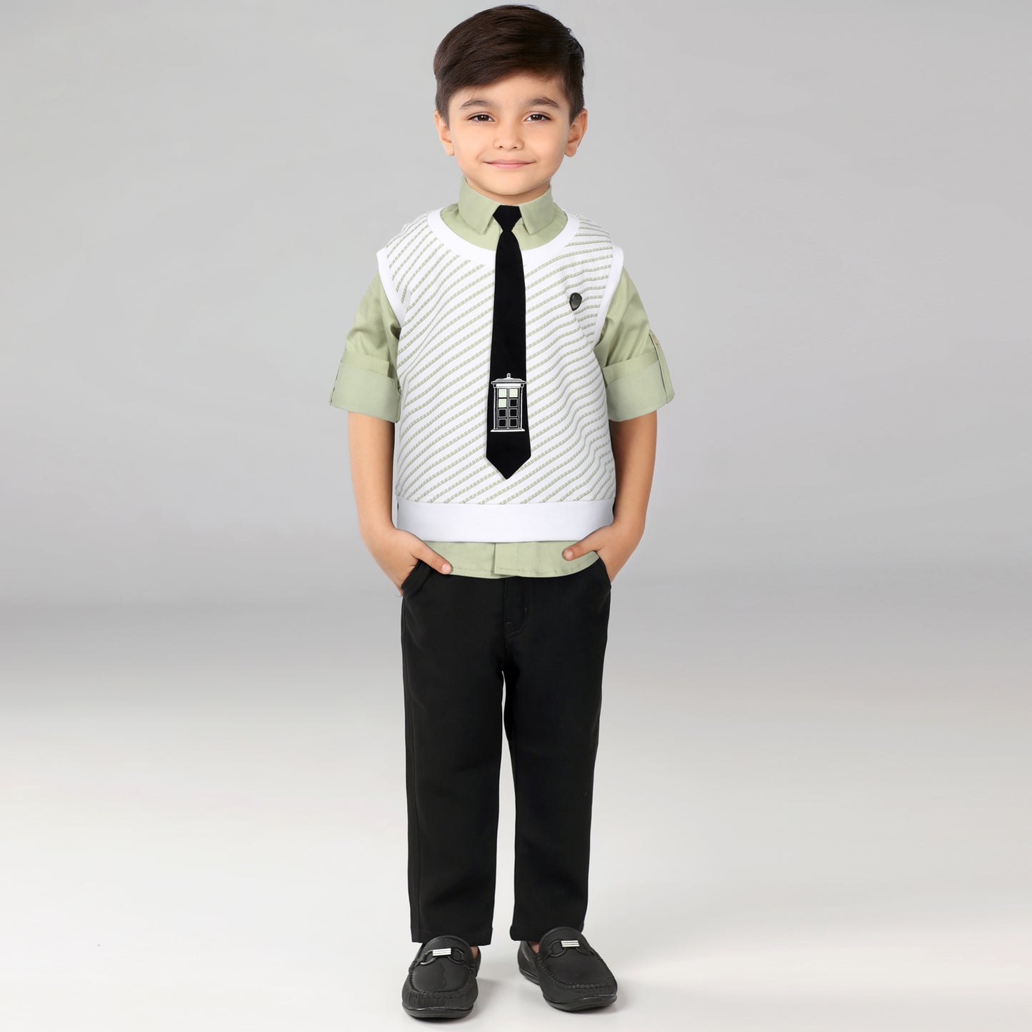 Stylish Shirt, Sleeveless Tee, Pants & Tie: Boys’ Party Charm