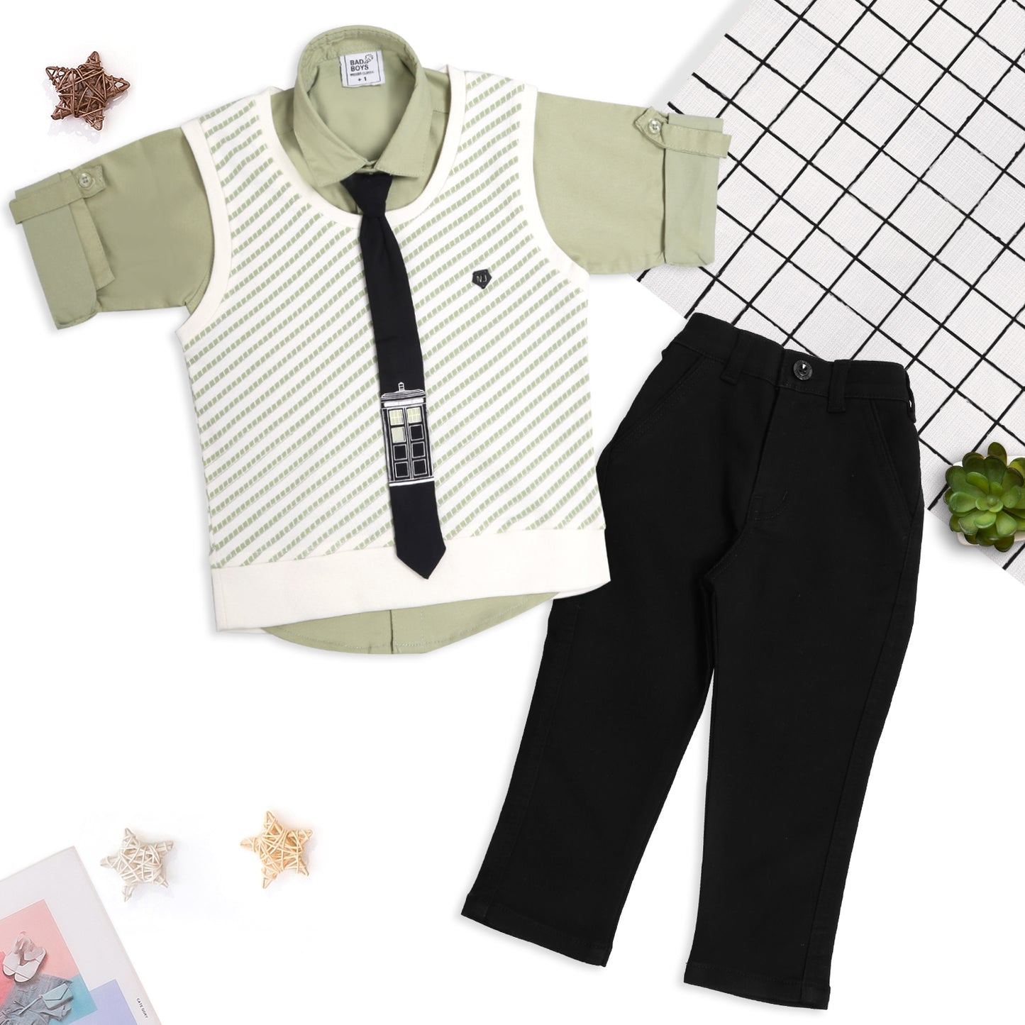 Stylish Shirt, Sleeveless Tee, Pants & Tie: Boys’ Party Charm