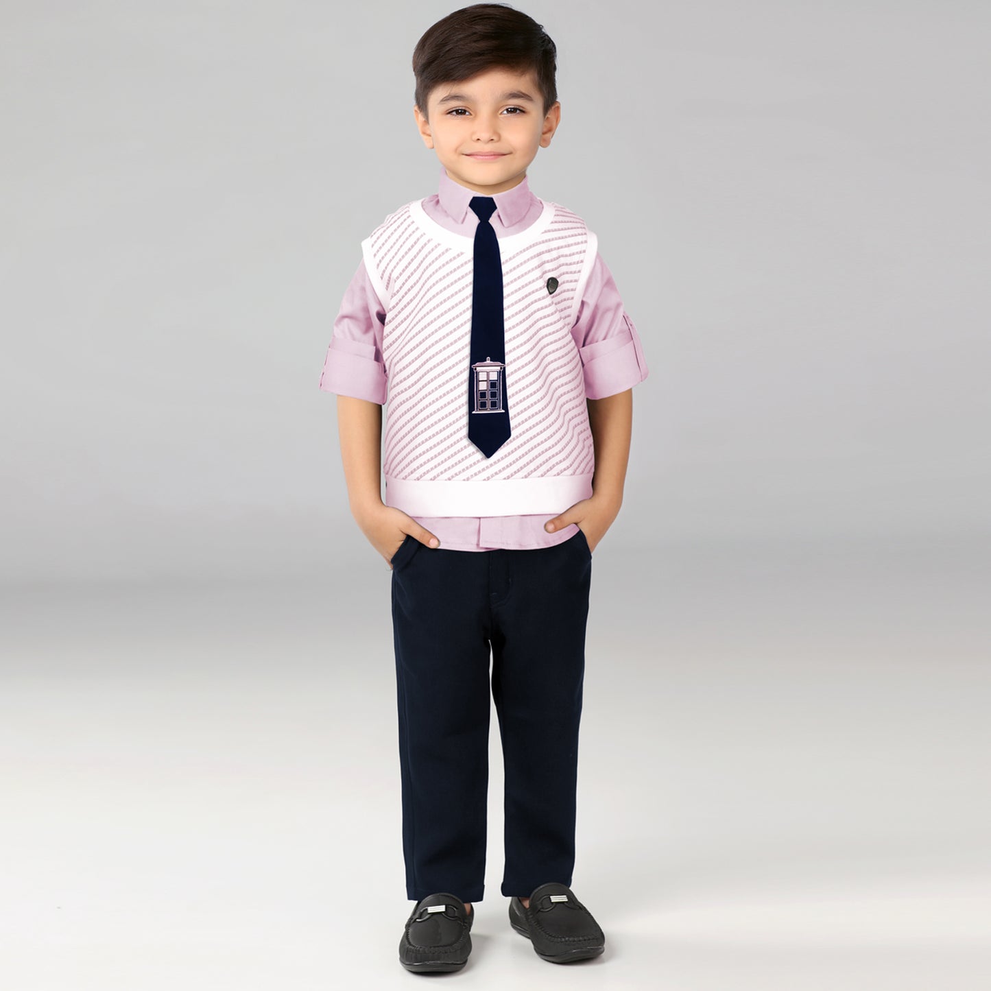 Stylish Shirt, Sleeveless Tee, Pants & Tie: Boys’ Party Charm