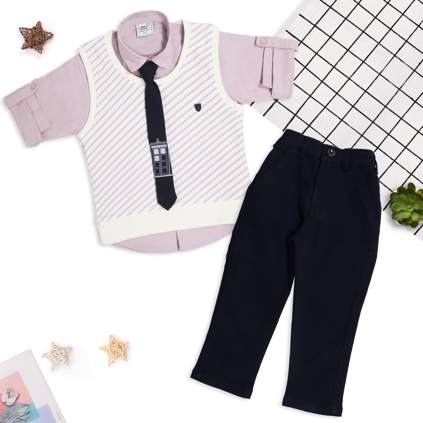 Stylish Shirt, Sleeveless Tee, Pants & Tie: Boys’ Party Charm