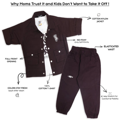 Trendy Jacket, Printed Tee & Joggers: Perfect Casual Outfit for Boys