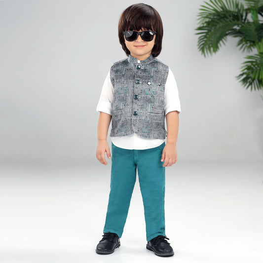 Chic Prints: Textured Waistcoat Shirt Pant Set for Little Trendsetters