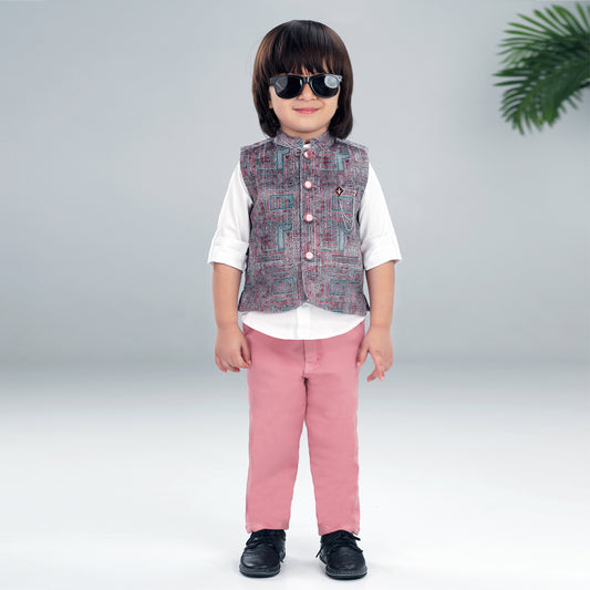 Chic Prints: Textured Waistcoat Shirt Pant Set for Little Trendsetters