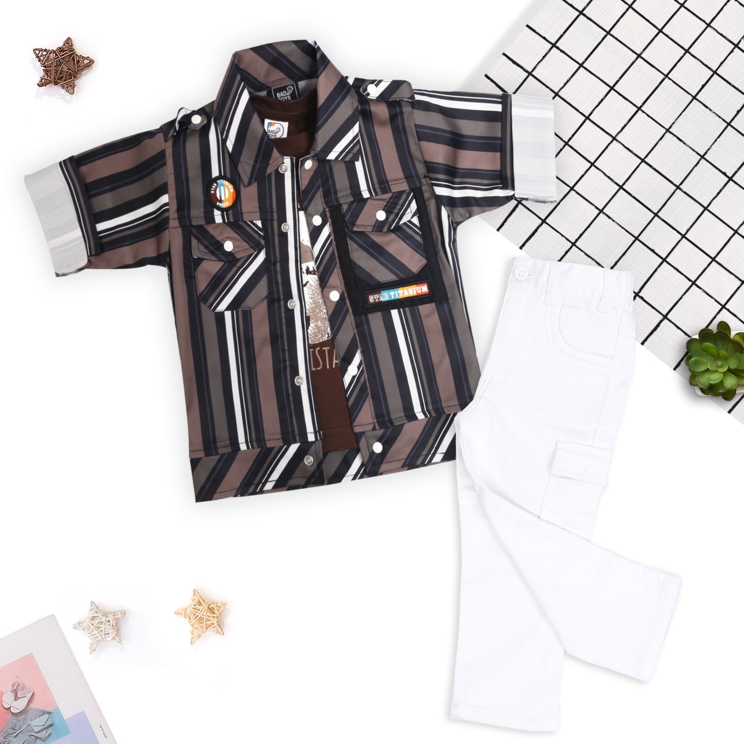 "Stripe Printed Shirt, Fun Inner Tee & Pants: Boys’ Casual Essential"