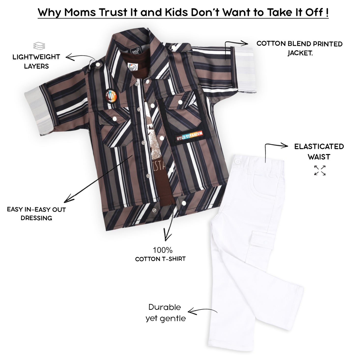 "Stripe Printed Shirt, Fun Inner Tee & Pants: Boys’ Casual Essential"
