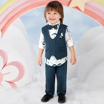 Little Gentleman Party Set with Printed Shirt Waistcoat Charm Bow