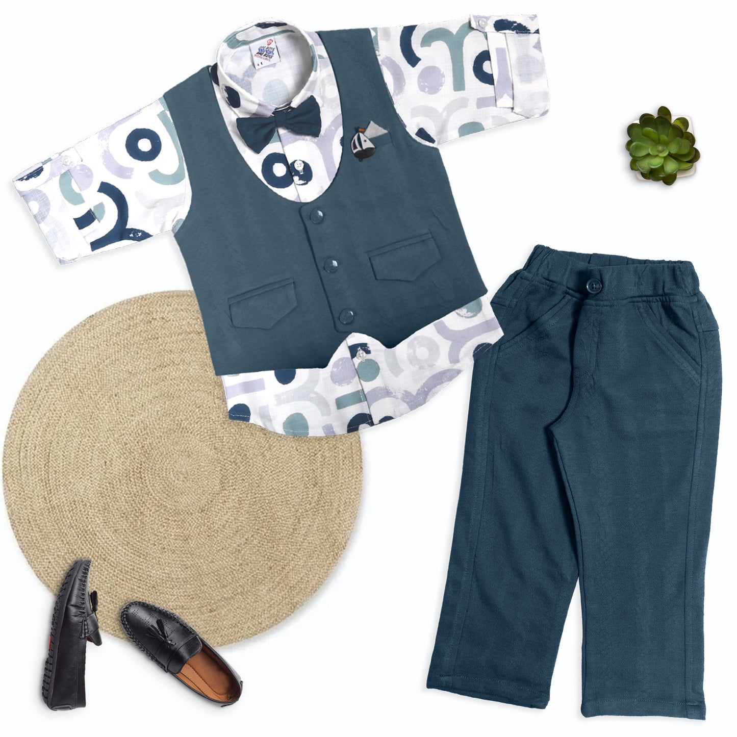 Little Gentleman Party Set with Printed Shirt Waistcoat Charm Bow