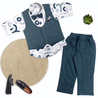 Little Gentleman Party Set with Printed Shirt Waistcoat Charm Bow