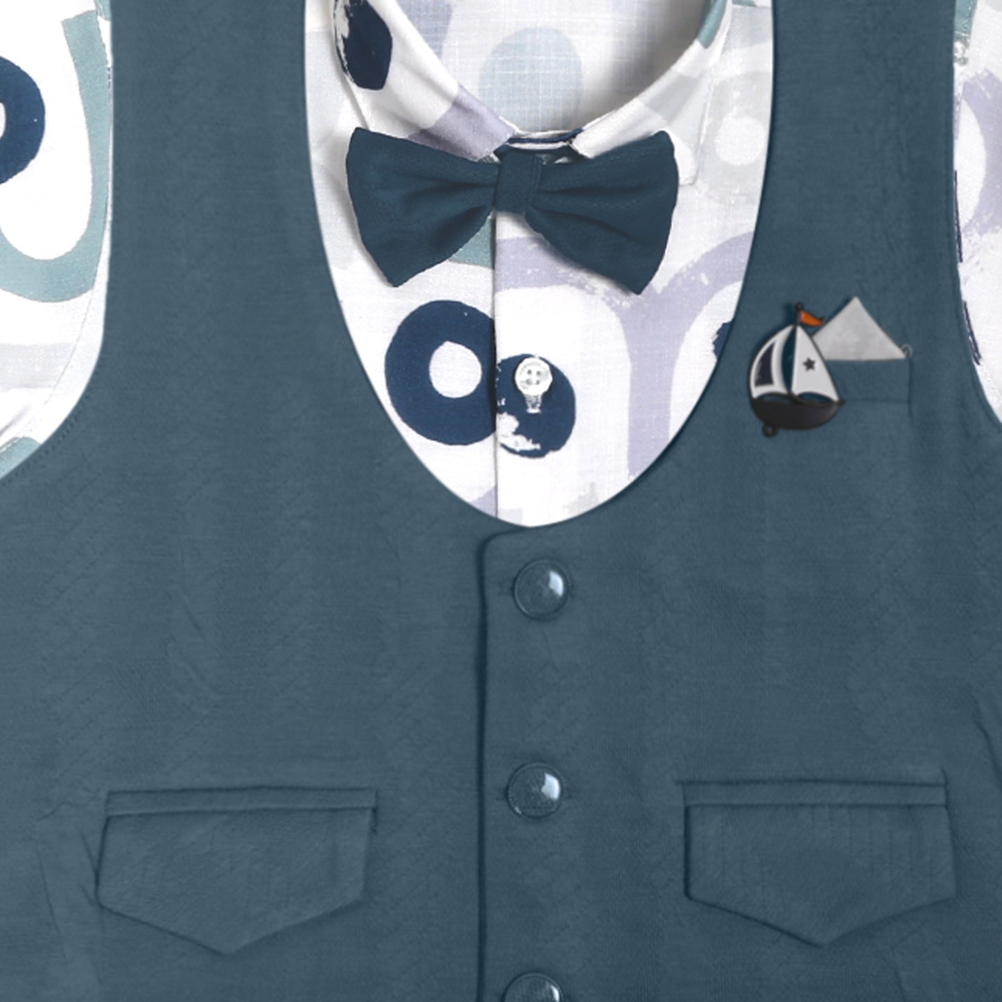 Little Gentleman Party Set with Printed Shirt Waistcoat Charm Bow