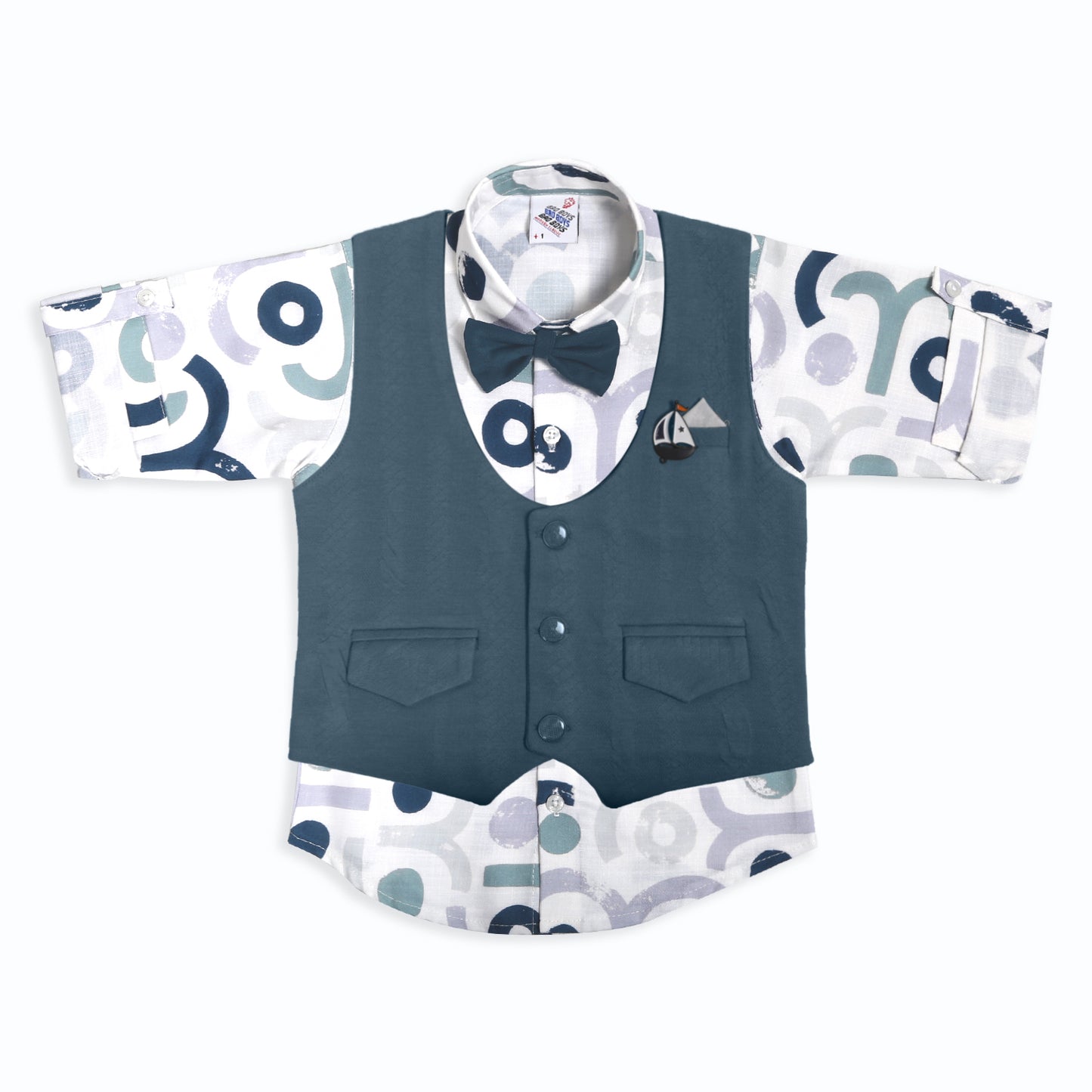 Little Gentleman Party Set with Printed Shirt Waistcoat Charm Bow