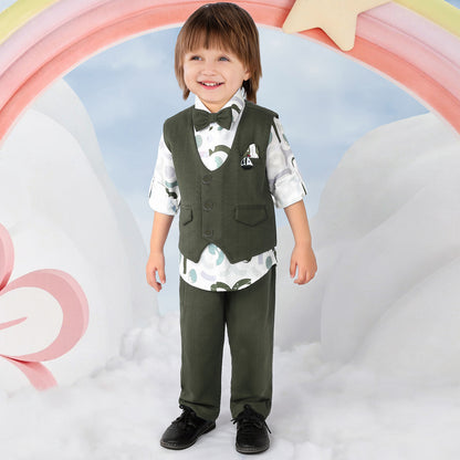 Little Gentleman Party Set with Printed Shirt Waistcoat Charm Bow
