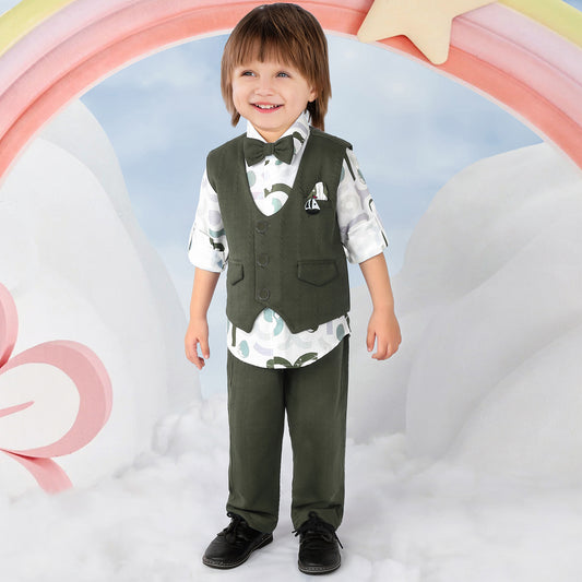 Little Gentleman Party Set with Printed Shirt Waistcoat Charm Bow