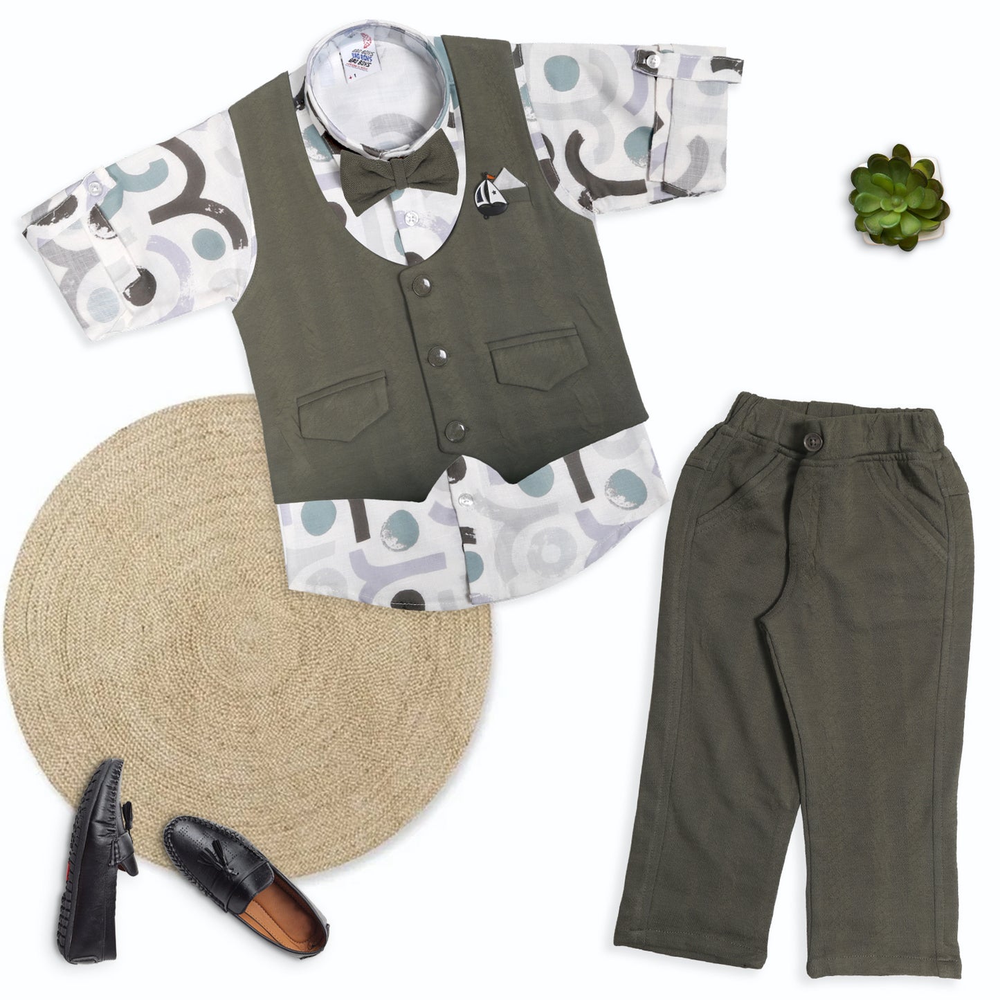 Little Gentleman Party Set with Printed Shirt Waistcoat Charm Bow