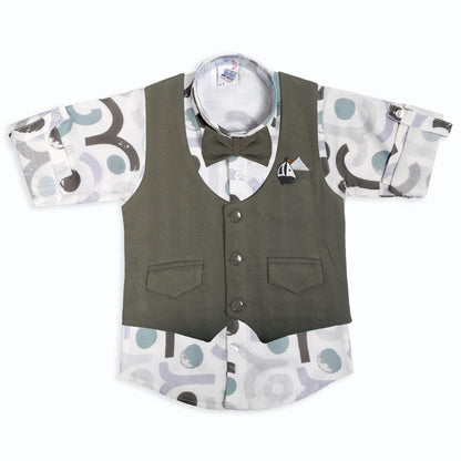 Little Gentleman Party Set with Printed Shirt Waistcoat Charm Bow