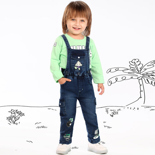 Playful Printed Tee With Cute Dungarees For Little Explorers