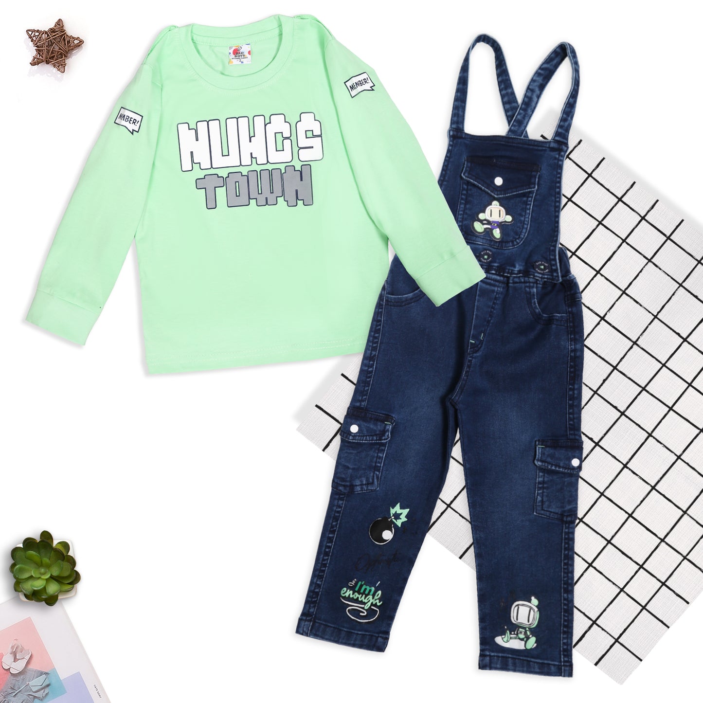 Playful Printed Tee With Cute Dungarees For Little Explorers