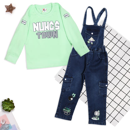 Playful Printed Tee With Cute Dungarees For Little Explorers