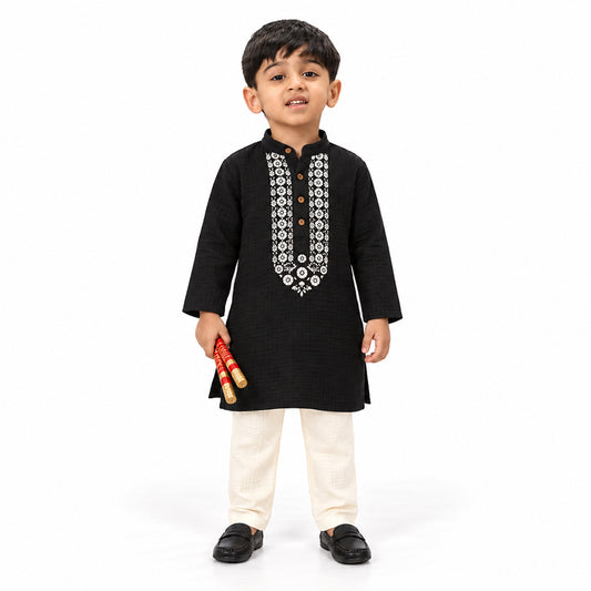 Festive Bloom Cotton Muslin Kurta & Pants Set-black