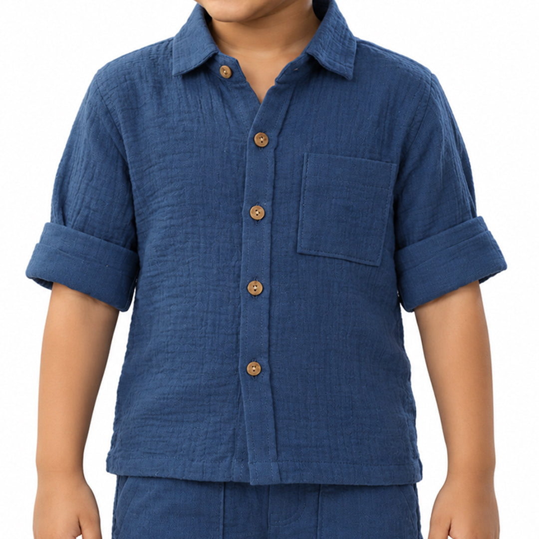 Cotton Muslin Shirt & Pants Co-Ord Set for Boys - Blue