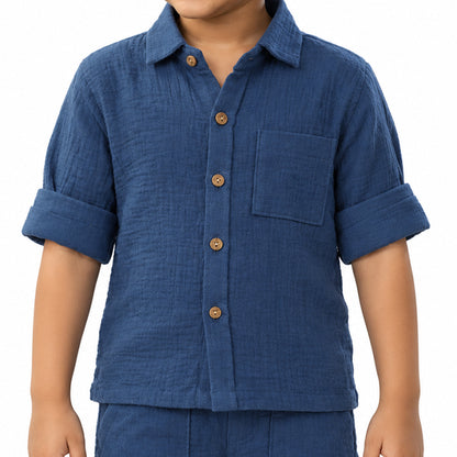 Cotton Muslin Shirt & Pants Co-Ord Set for Boys - Blue