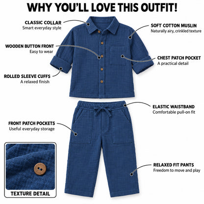 Cotton Muslin Shirt & Pants Co-Ord Set for Boys - Blue