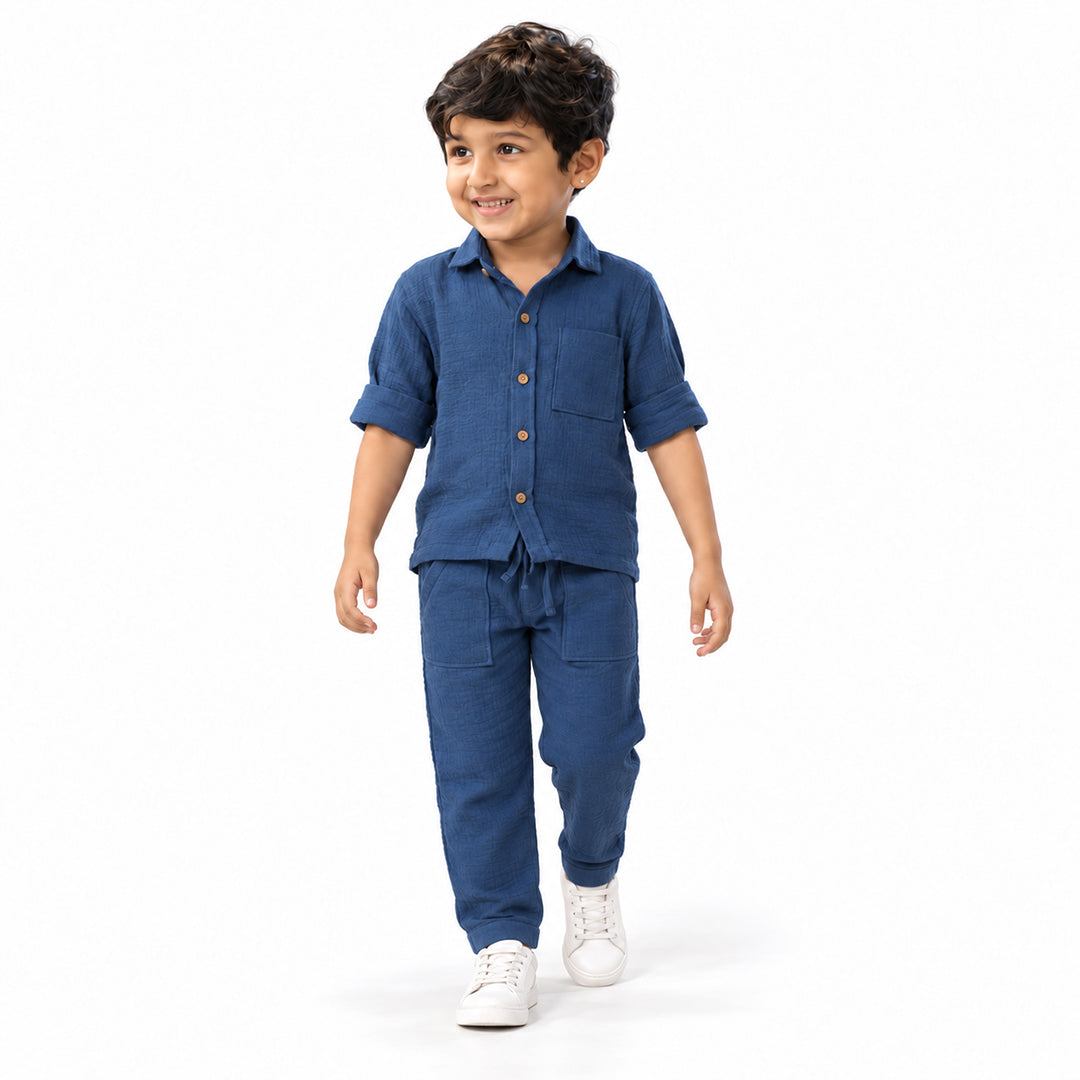 Cotton Muslin Shirt & Pants Co-Ord Set for Boys - Blue