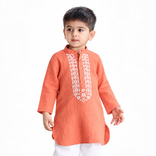 Festive Bloom Cotton Muslin Kurta & Pants Set-peach