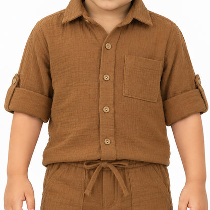 Cotton Muslin Shirt & Pants Co-Ord Set for Boys - Brown