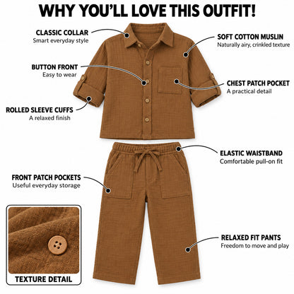 Cotton Muslin Shirt & Pants Co-Ord Set for Boys - Brown