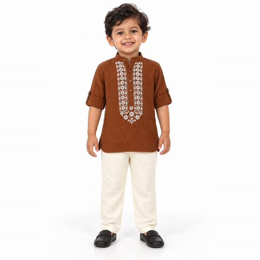 Festive Bloom Cotton Muslin Kurta & Pants Set-BROWN