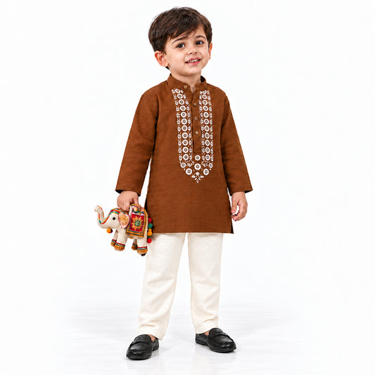 Festive Bloom Cotton Muslin Kurta & Pants Set-BROWN