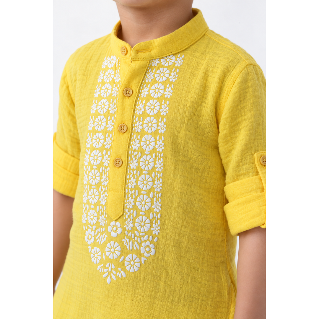 Festive Bloom Cotton Muslin Kurta & Pants Set-yellow