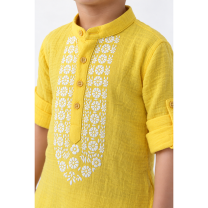 Festive Bloom Cotton Muslin Kurta & Pants Set-yellow
