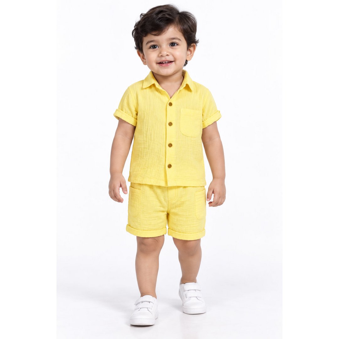 Cotton Muslin Shorts Co-Ord Set for Boys - Yellow
