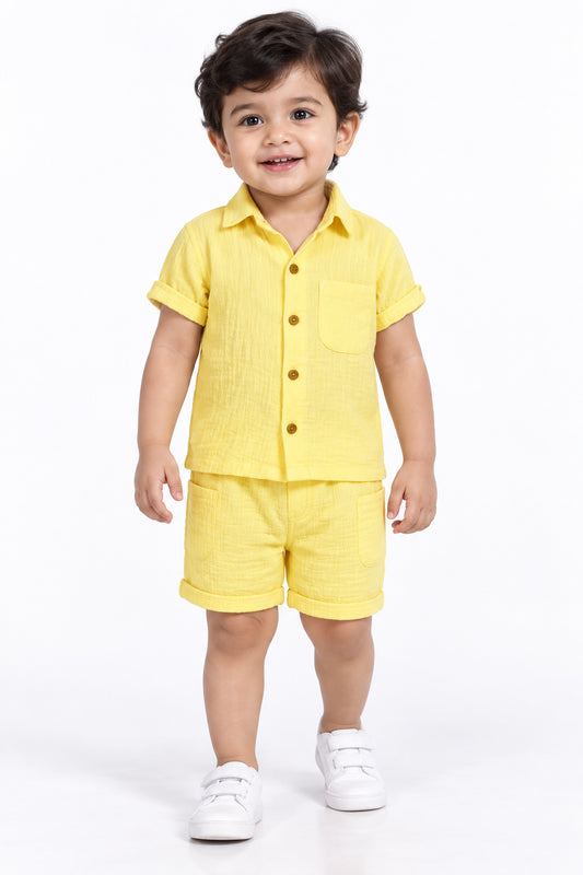 Cotton Muslin Shorts Co-Ord Set for Boys - Yellow