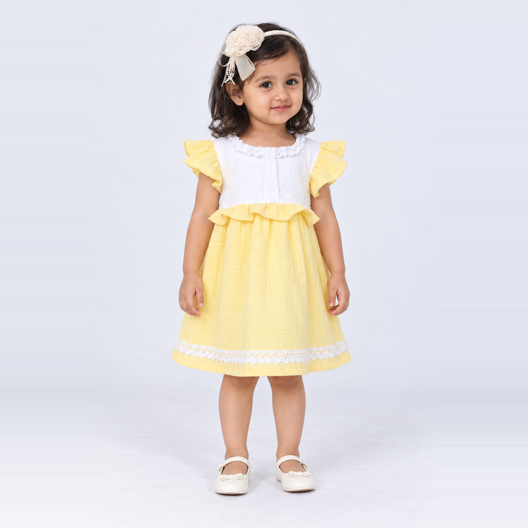 Little Twirl Cotton Muslin Dress-Yellow