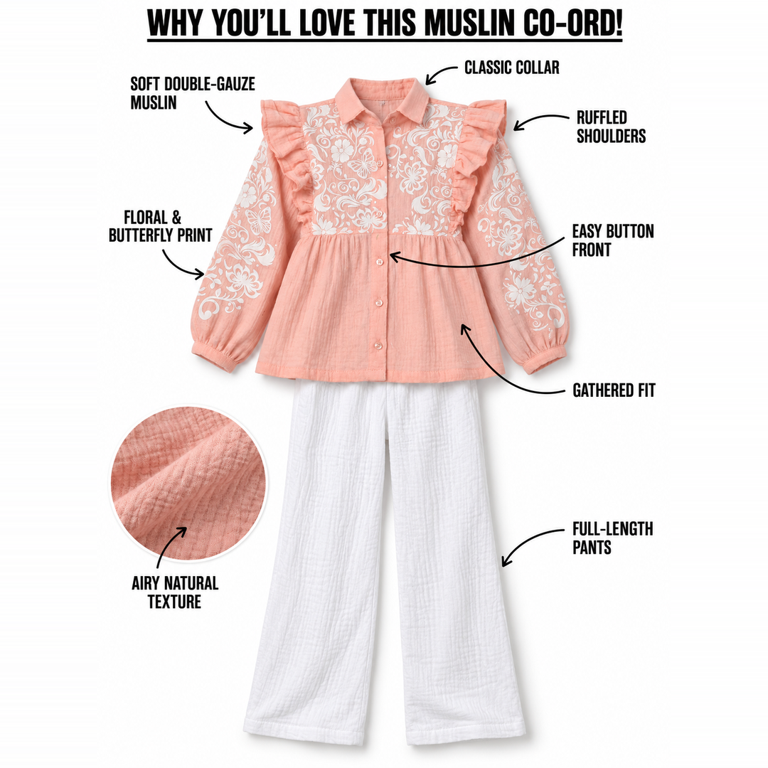 Butterfly Meadow Cotton Muslin Top & Pants Set-Peach