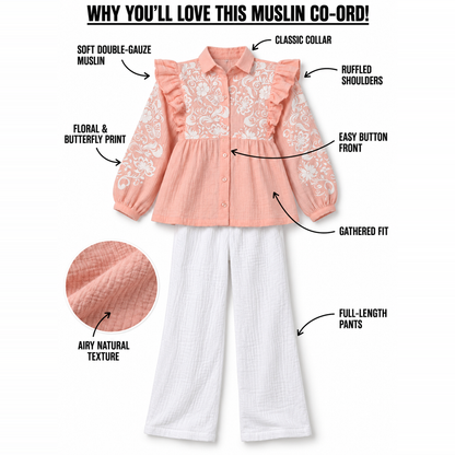 Butterfly Meadow Cotton Muslin Top & Pants Set-Peach