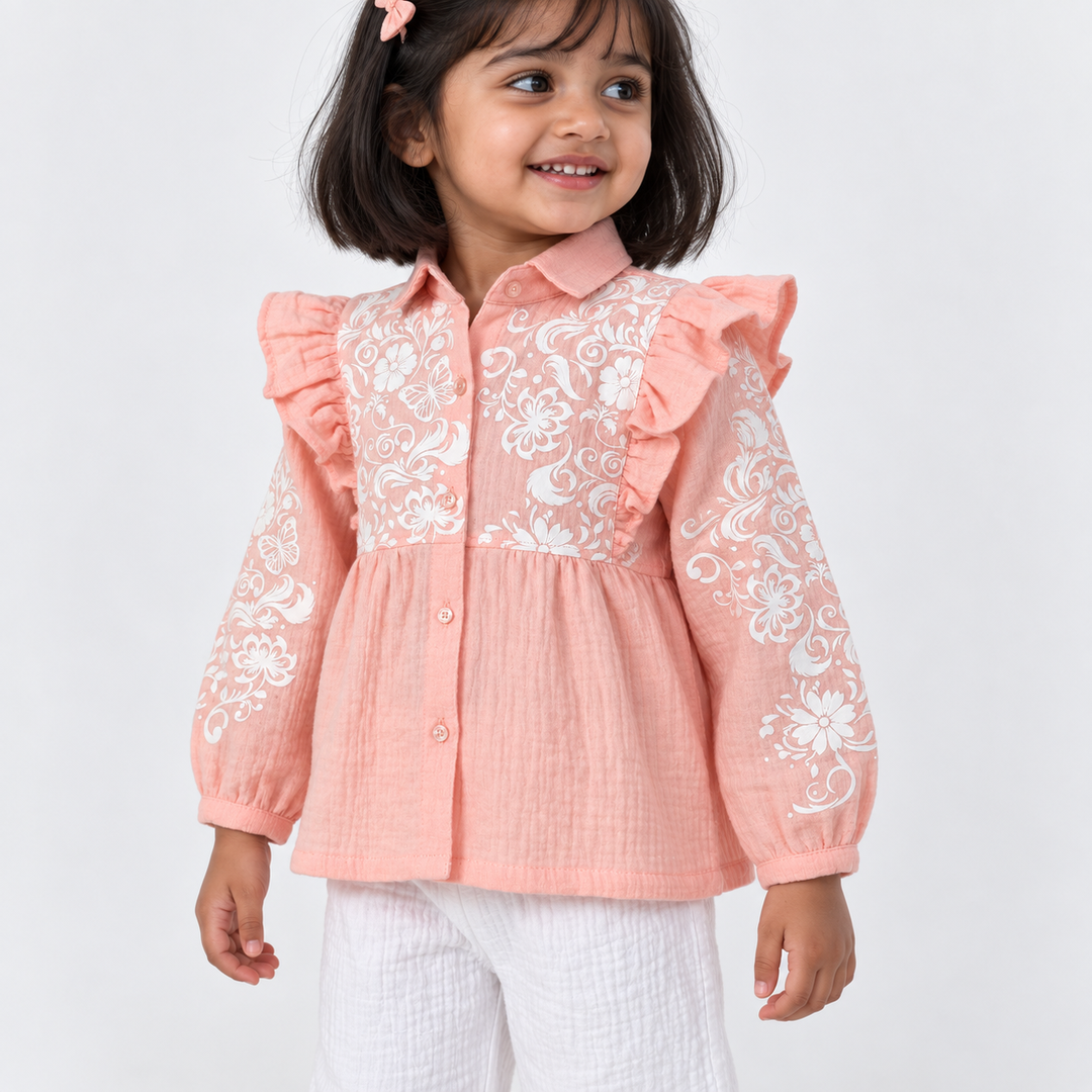 Butterfly Meadow Cotton Muslin Top & Pants Set-Peach