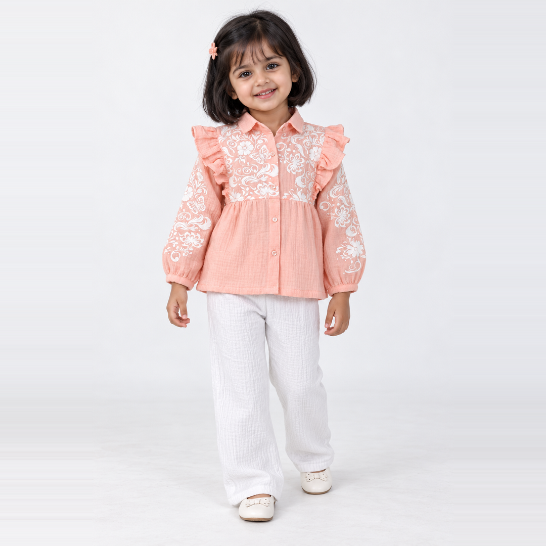 Butterfly Meadow Cotton Muslin Top & Pants Set-Peach