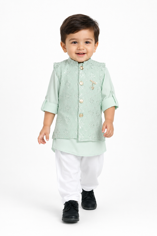 Tiny Trendsetter: Embellished Jacket Kurta Set for Little Royals