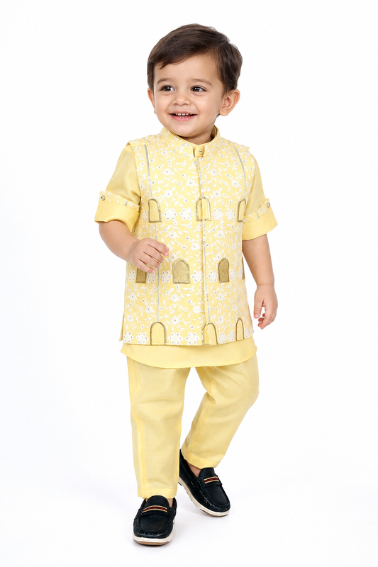 Little Royal Vibes: Embellished Jacket Kurta Pajama Set Magic