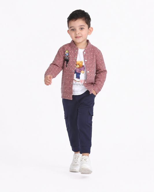 Cool Combo: Printed Jacket, T-Shirt, and Jogger Set for Kids!