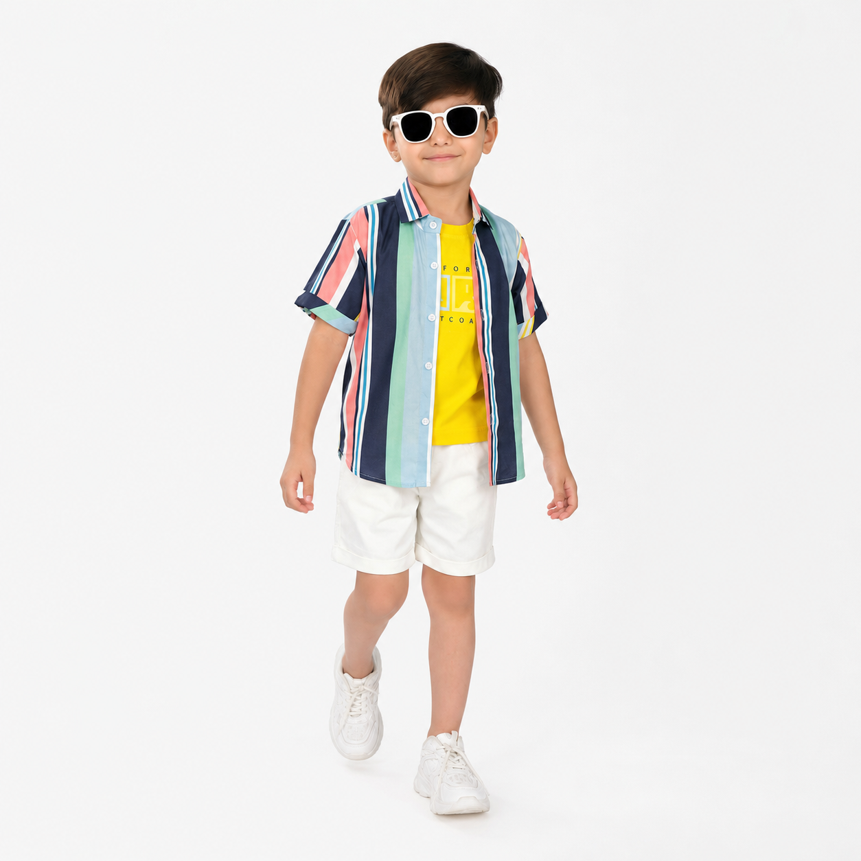 Bright & Bold: 3-Piece Set with Yellow Tee, Striped Shirt, Shorts!