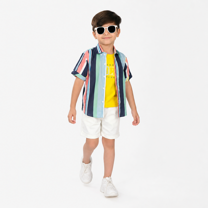 Bright & Bold: 3-Piece Set with Yellow Tee, Striped Shirt, Shorts!