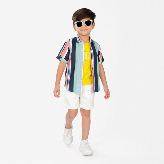 Bright & Bold: 3-Piece Set with Yellow Tee, Striped Shirt, Shorts!