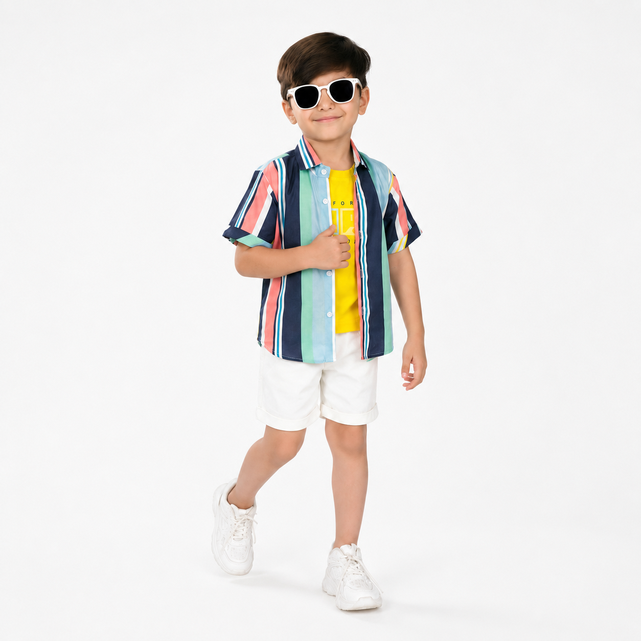 Bright & Bold: 3-Piece Set with Yellow Tee, Striped Shirt, Shorts!