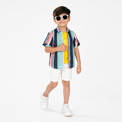 Bright & Bold: 3-Piece Set with Yellow Tee, Striped Shirt, Shorts!