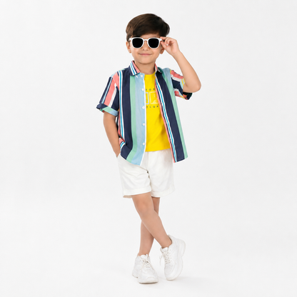 Bright & Bold: 3-Piece Set with Yellow Tee, Striped Shirt, Shorts!